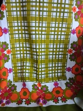 Retro Floral & Plaid Table Cloth in Olive, Orange, Pink